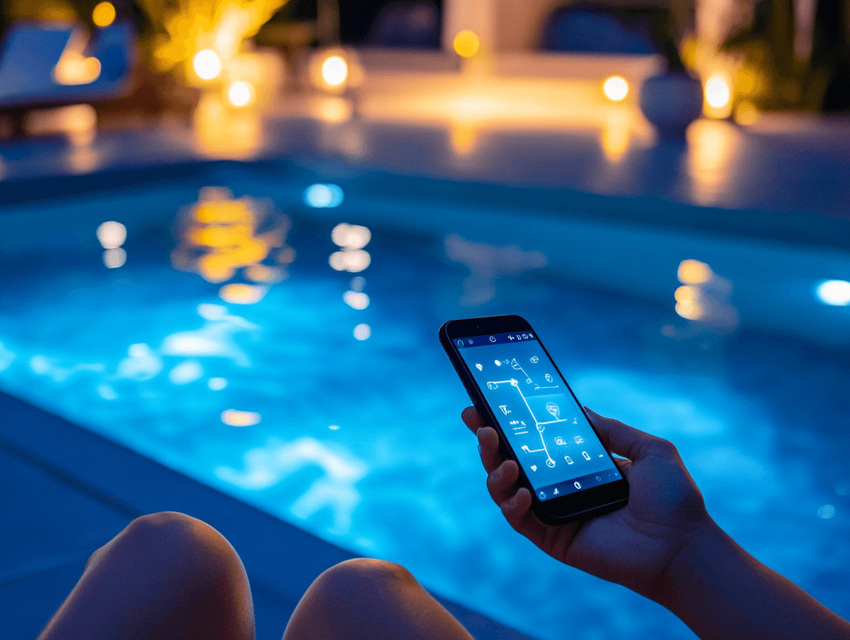 clearwater blog post 5 section 2 person controlling pool with smartphone Modern pool trends 2025,Best luxury pool features,Eco-friendly pool designs,Smart pool automation technology,Natural lagoon pools vs. traditional pools,How to upgrade your backyard pool Clearwater Outdoor Creations