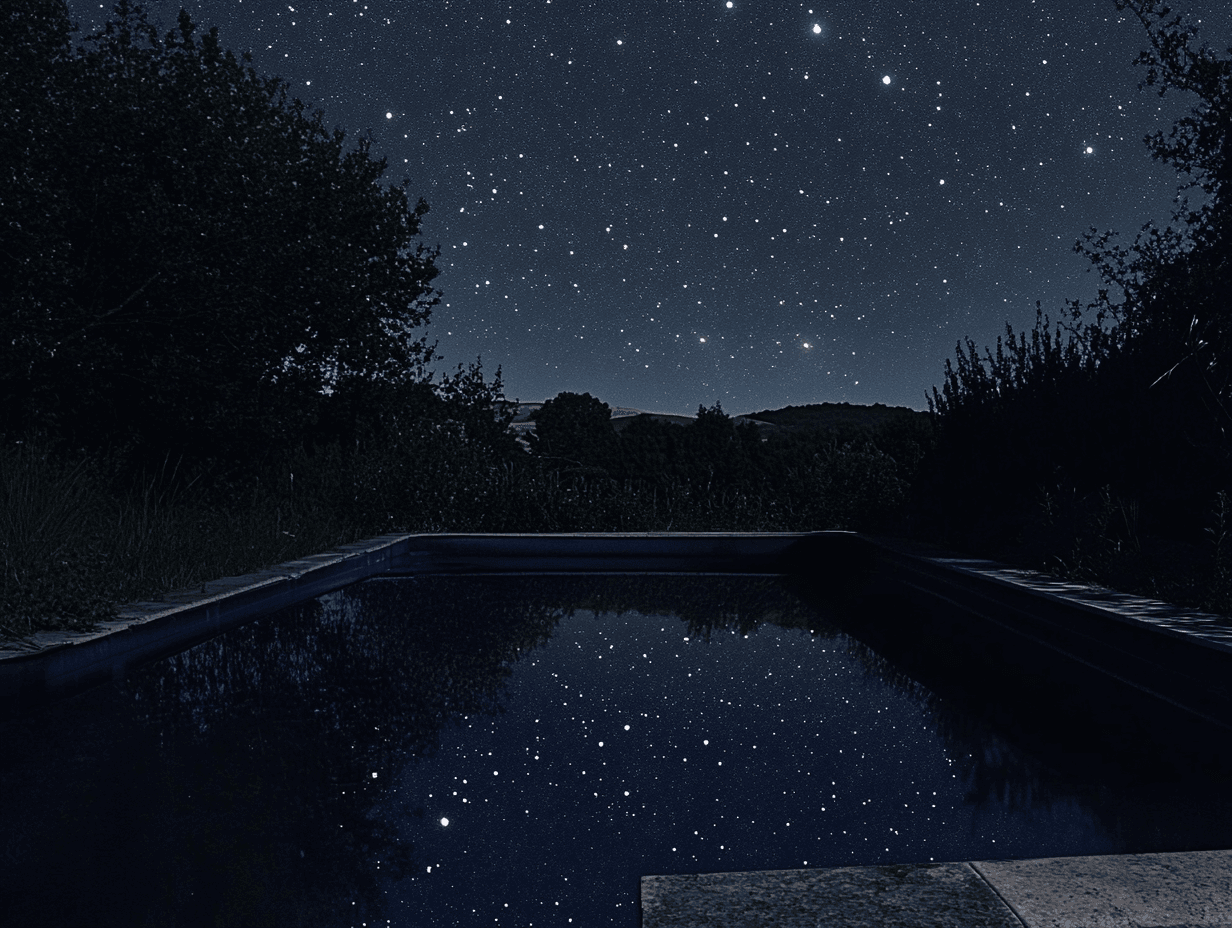 clearwater blog post 5 section 4 black bottom pool at night reflecting stars Modern pool trends 2025,Best luxury pool features,Eco-friendly pool designs,Smart pool automation technology,Natural lagoon pools vs. traditional pools,How to upgrade your backyard pool Clearwater Outdoor Creations