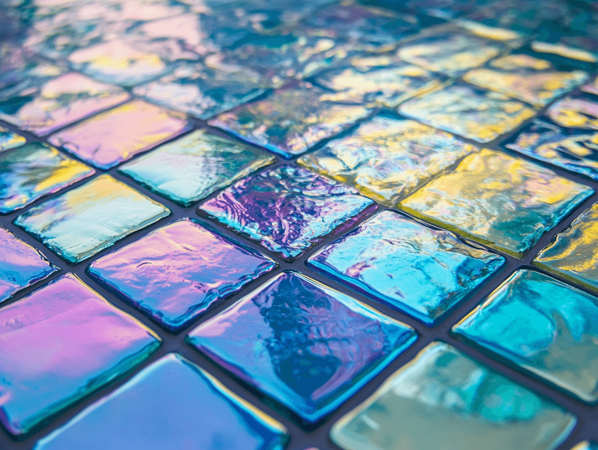 clearwater blog post 5 section 8 closeup of iridescent pool tiles Modern pool trends 2025,Best luxury pool features,Eco-friendly pool designs,Smart pool automation technology,Natural lagoon pools vs. traditional pools,How to upgrade your backyard pool Clearwater Outdoor Creations